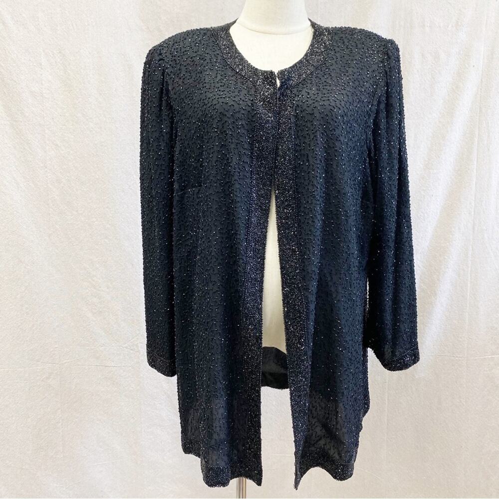 Vintage Sténay Plus black‎ silk beaded open longline Cardigan Size 1X